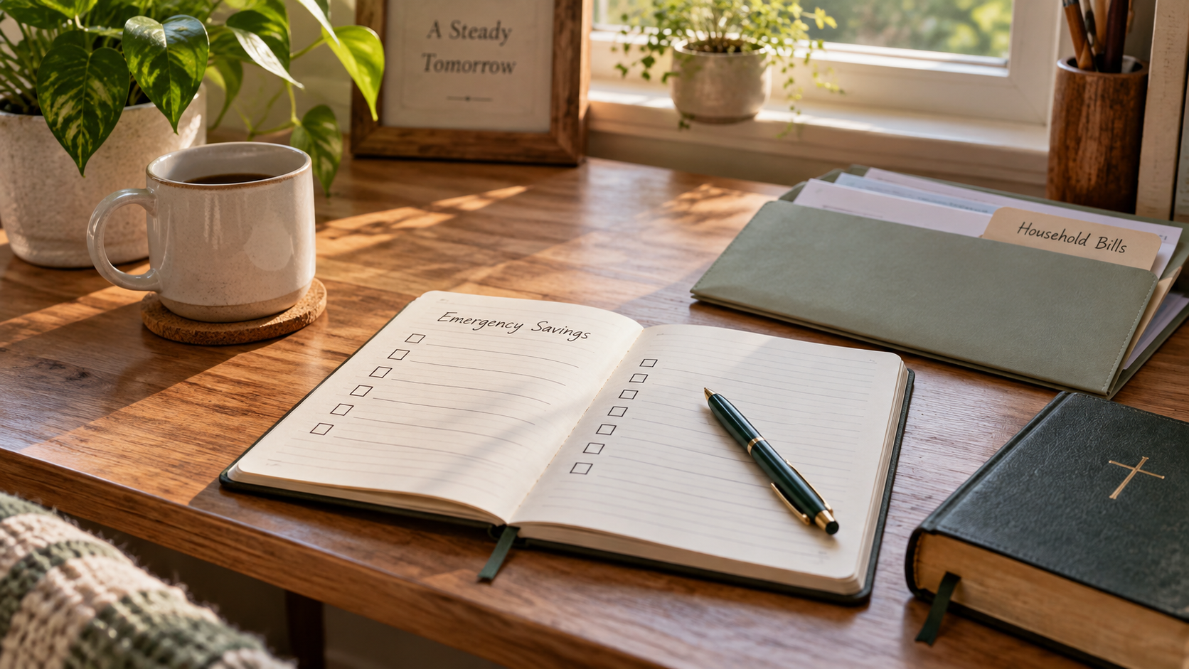 A savings checklist and household bill folder beside a Bible on a sunlit desk